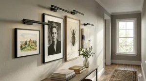 A detailed photorealistic depiction of a curated gallery wall in a hallway, featuring a diverse collection of framed art and photographs, each illuminated by an individual slim, matte black picture light, set against light greige walls with natural light.