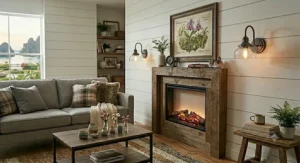 Black gooseneck farmhouse wall sconces lighting up a gallery wall in a bright living room.