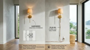 A diagram comparing hardwired and plug-in wall sconces for living room setups, highlighting installation differences and cord placement.