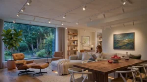 Suspended pendant track lighting system installed in a spacious living room with vaulted ceilings.