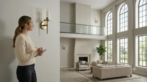 Living room with high ceilings showing wall sconces mounted slightly higher than standard to balance the wall proportions.