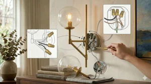 Diagram illustrating step-by-step hardwire installation instructions for modern brass wall sconces.
