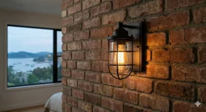 A matte black industrial battery operated wall sconce with an Edison bulb mounted against a rustic brick feature wall.