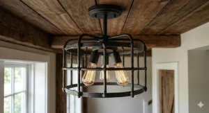 Industrial wire cage semi-flush mount farmhouse light in a matte black finish mounted on a neutral hallway ceiling
