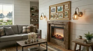 Industrial farmhouse wall sconces with matte black finish and Edison bulbs in a living room.