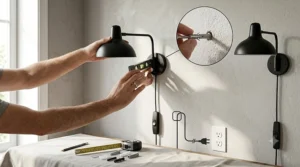 Close-up illustration showing how easy it is to mount and plug in wall sconces without electrical wiring.