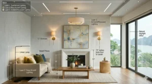 A living room lighting layout diagram demonstrating how to layer overhead recessed lights, floor lamps, and ambient wall sconces.