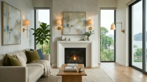 Symmetrical black matte wall sconces for living room fireplace accent lighting, illuminating the mantel area.