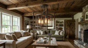 An open-box style semi-flush mount farmhouse light centered in a rustic living room with exposed wood beams