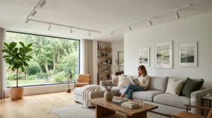 Adjustable track light heads pointing directly at a cozy reading chair and side table setup in a living room.