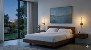 Minimalist bedroom featuring sleek modern brass wall sconces mounted as bedside reading lights.