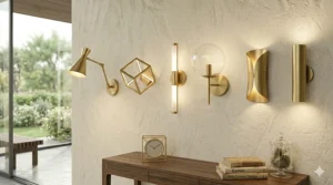 Product lineup illustrating different shapes of modern brass wall sconces from geometric to globe designs.