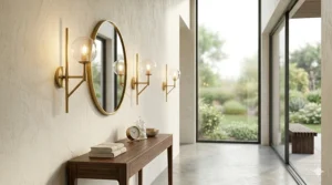 Bright hallway interior decorated with modern brass wall sconces providing elegant accent lighting.