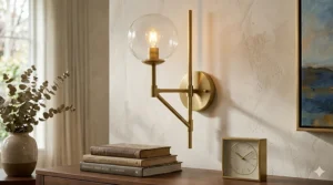 Close-up illustration of a modern brass wall sconce showing its brushed metallic finish and minimalist hardware.
