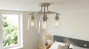 Brushed nickel semi-flush mount light fixture provides bright task lighting above a kitchen island.