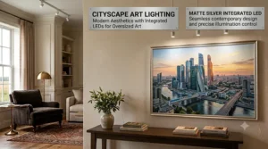 Sleek matte black picture lights accenting large contemporary portrait paintings in a minimalist interior design.