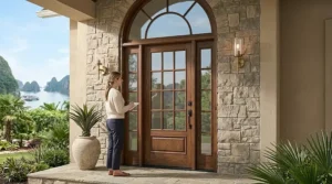 Exterior front porch showing how high to mount outdoor wall sconces relative to the front door frame.
