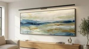 A high-detail 4K photorealistic photograph capturing a sprawling ten-foot wide abstract landscape painting in a minimalist room, perfectly illuminated by a single, sleek, low-profile linear picture light with a matte black finish, set against textured off-white walls with natural daylight, in the aesthetic of image_0.png.