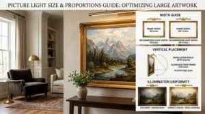 An illustration diagram showing how to choose the correct size of picture lights for large paintings based on frame width.