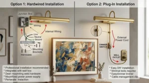 Diagram illustrating the installation differences between a plug-in and a hardwired brass picture light fixture.