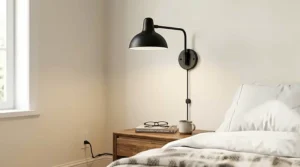 Brass plug-in wall sconces installed as bedside reading lights on either side of a bed.