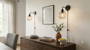 Trendy glass globe plug-in wall sconces providing ambient lighting over a dining room buffet.