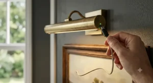 Close-up shot of a battery operated rechargeable LED wireless picture light showing the USB charging port.