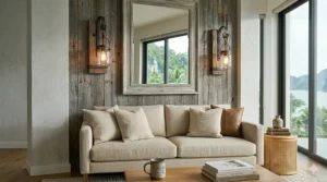Rustic wooden and jar-style wall sconces for living room farmhouse decor, emitting a warm candle-like flicker.