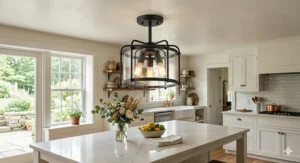 Black iron semi-flush mount farmhouse light hanging above a white modern kitchen island with quartz countertops