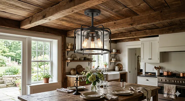 A rustic black metal and seeded glass semi-flush mount farmhouse light fixture installed on a stained wooden plank ceiling