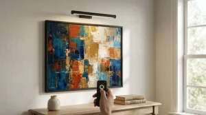 A high-detail 4K photorealistic photograph capturing a hand interacting with a small remote control to dim a smart-enabled matte black linear picture light, which is illuminating a framed abstract painting on a textured off-white wall with natural light, in the style of image_0.png.