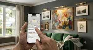 Smart wireless picture lights being controlled via a mobile phone app for custom timers and brightness levels.