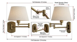 Diagram showing the adjustable measurements and extension reach of swing arm wall sconces for reading.