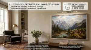Elegant plug-in picture light with a cord cover mounted on a gallery wall above an extra large abstract painting.