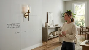 Modern living room wall sconce mounted at the standard eye-level height of 60 inches from the floor.