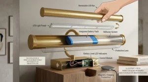 An architectural illustration of a wireless, battery-operated brass picture light fixture with a removable LED light bar.