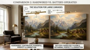Side by side view of a hardwired brass fixture and a wireless battery operated picture light illuminating oversized wall art.