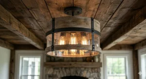 Weathered wood and seeded glass drum style semi-flush mount farmhouse light fixture displaying exposed Edison bulbs