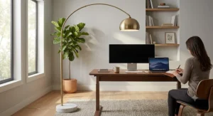 Adjustable height large arc floor lamp illuminating a modern home office desk space