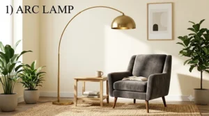 An elegant black arc floor lamp curving over a sofa in a minimalist living room setup.