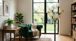 An elegant arched tall floor lamp curving over a contemporary living room sectional sofa.
