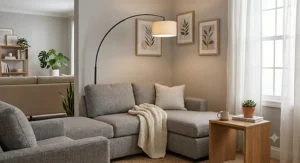 Large arching corner floor lamp positioned over a gray sectional sofa in a modern family room.