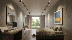 Dimmable ceiling mounted spotlights casting accent lighting on framed wall art prints in a hallway.