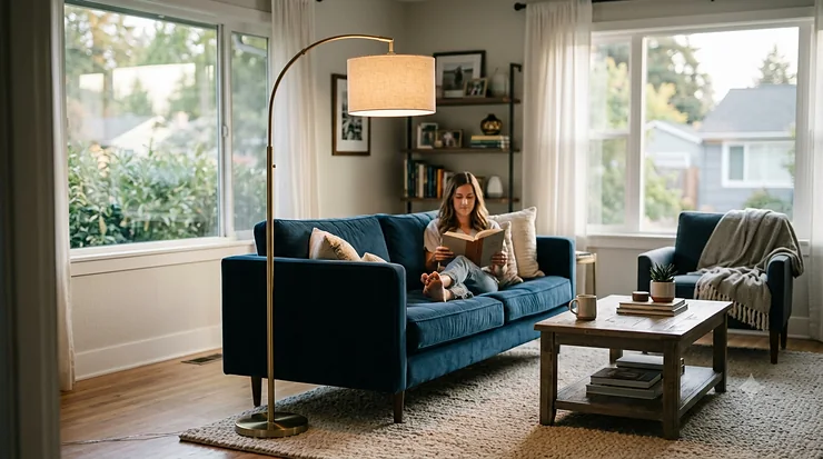A stylish modern arc floor lamp illuminating a contemporary living room seating area. best floor lamps for living room