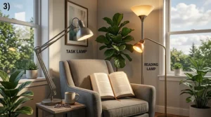 An adjustable brass task floor lamp positioned next to an armchair for a cozy living room reading nook.