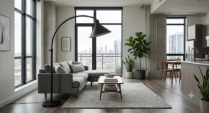 Minimalist black metal adjustable arc floor lamp in an open-concept apartment living room