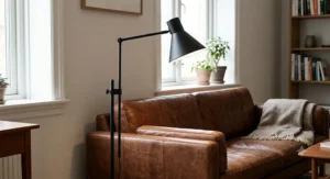 Matte black metal reading floor lamp featuring an adjustable height mechanism standing beside a leather sofa.