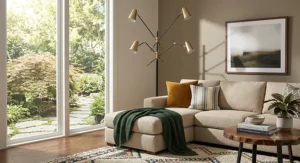 Industrial black tripod floor lamp positioned behind a fabric couch corner for reading light