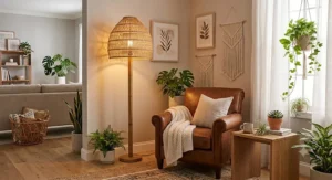 Bohemian style corner floor lamp with a woven rattan shade in a bright, plant-filled living room.