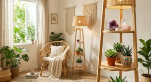 Boho style light wood floor lamp with shelves decorated with thriving succulents and crystals in a sunlit apartment corner.